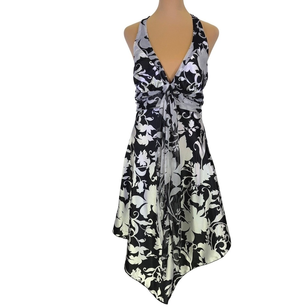 Woman's Floral Damask Halter Handkerchief Hem Cocktail Dress Size XXS Party Gown
